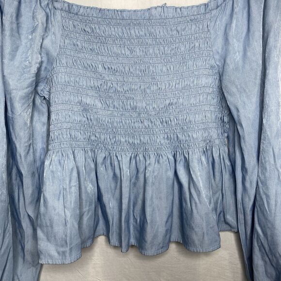 CANDIES Blouse Smocked Long Sleeve Off Shoulder Shimmer Top Womens L Light Blue - Picture 8 of 12